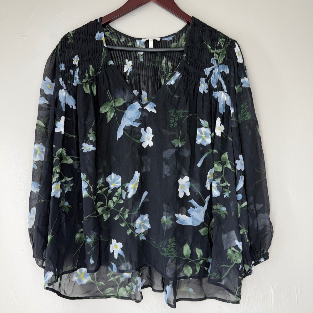 Joie Silk Floral V-Neck Smocked Blouse Black Blue Size M 3519-T3483